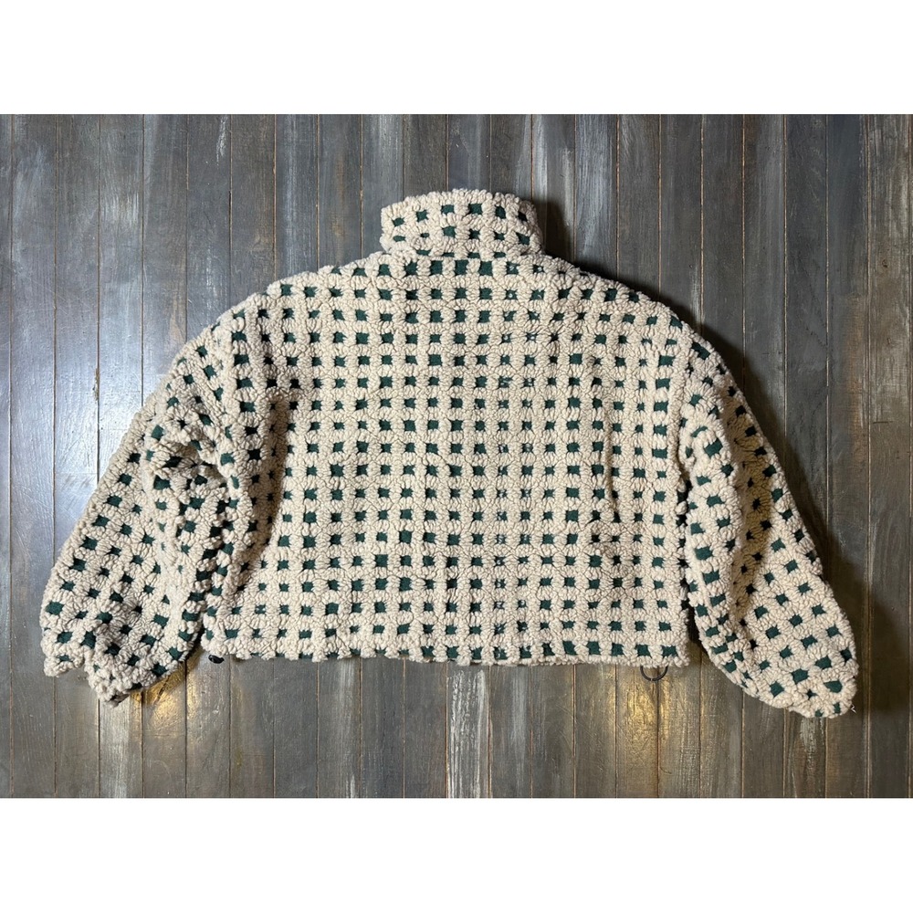 Women Cream Green Checkered Teddy Fleece Zip Up Cropped Jacket Boxy Fit - Picture 4 of 4